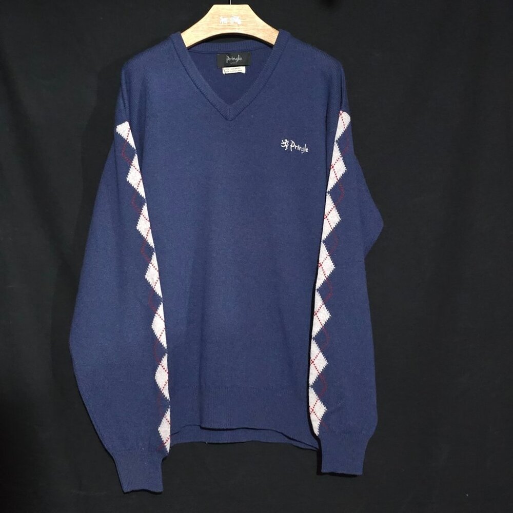 Pringle of Scotland V Neck Lambswool Argyle Sleeve Sweater - Blue - Sz L*